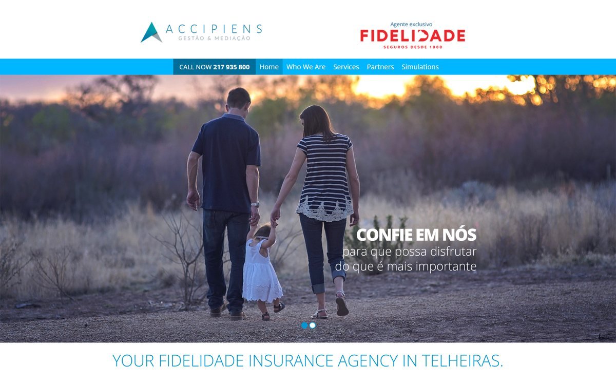 Accipiens Insurance Agency — A bilingual insurance mediation website with service pages, an online simulation request form, and Fidelidade partner integration.