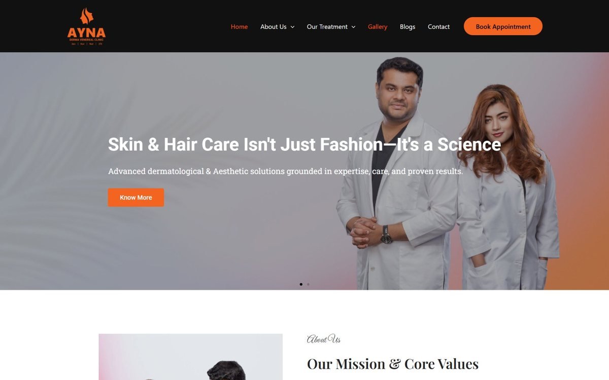 Ayna Derma & Wellness Clinic — A dermatology and aesthetics clinic site presenting doctors, treatments and patient testimonials with appointment booking.