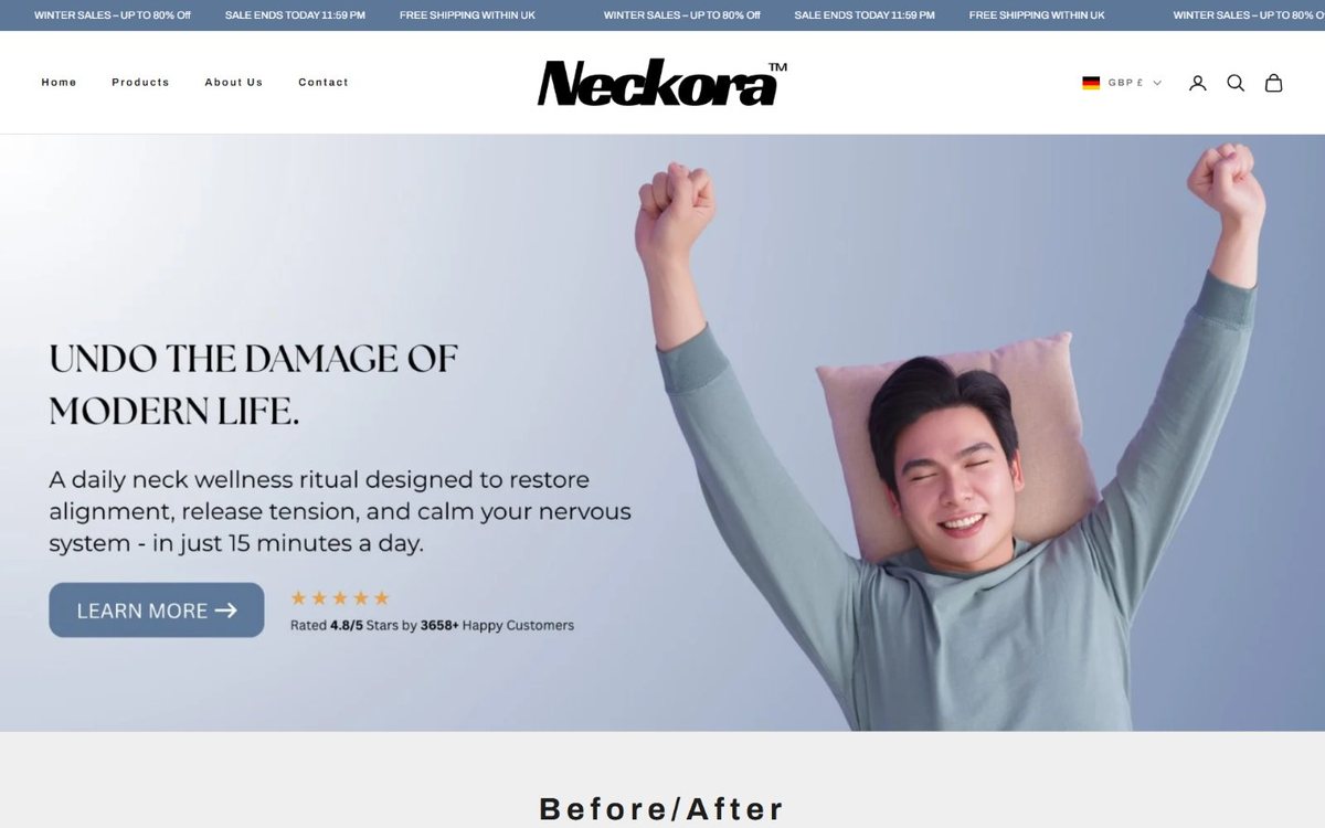 Neckora Product Launch — Neckora neck-wellness product landing page with before/after results