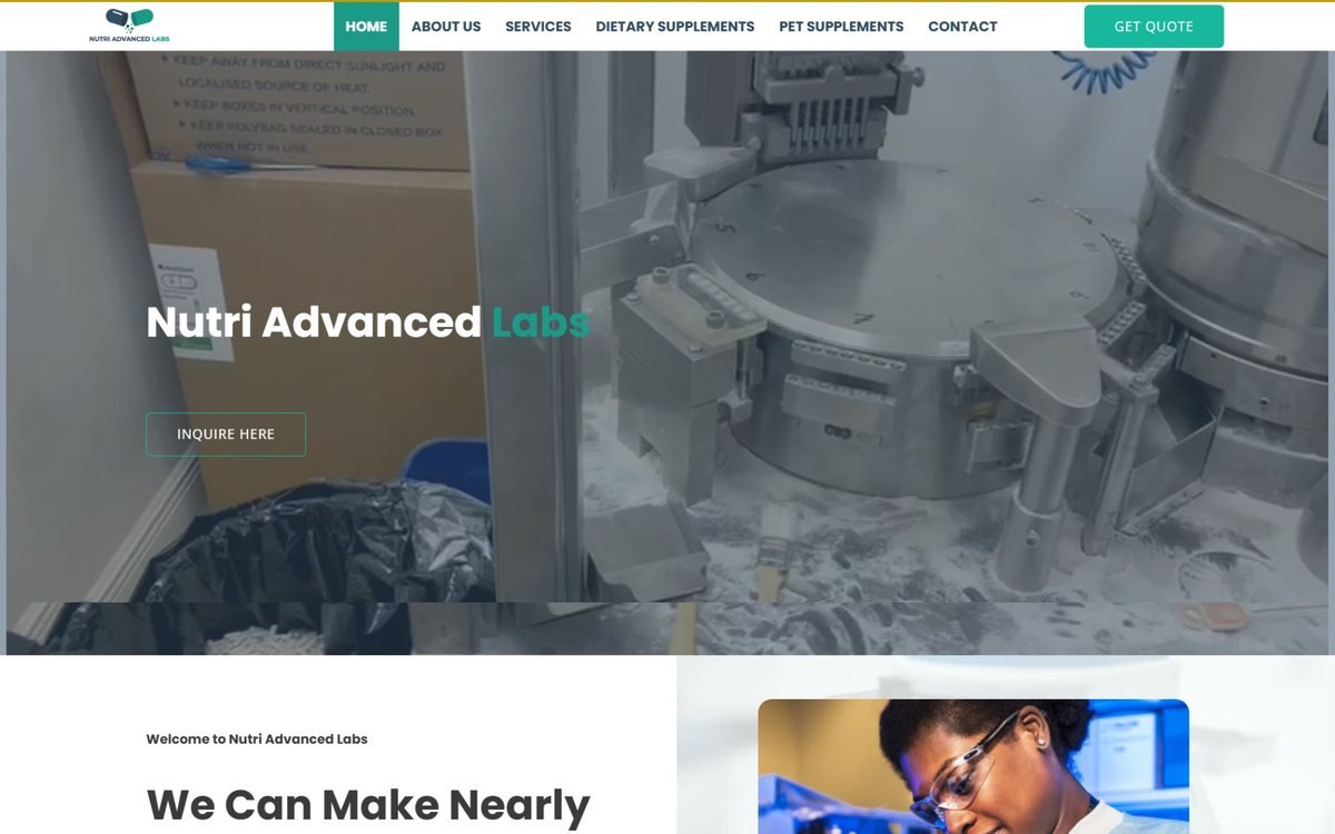 Nutri Advanced Labs — A private-label supplement manufacturer's site highlighting product categories, quality testing and B2B enquiry forms.