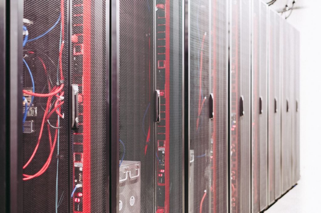 Server racks in a data center representing web hosting
