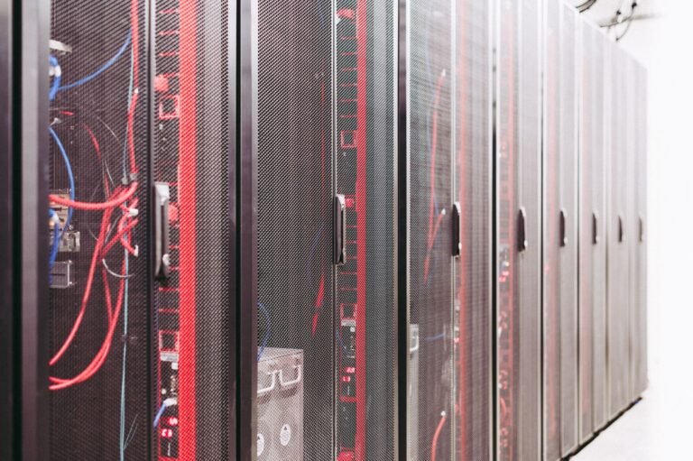 Server racks in a data center representing web hosting